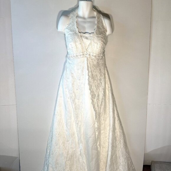 David's Bridal SZ 22 Ivory Lace Halter Cut Empire Waist Wedding Gown Romantic - Picture 6 of 13